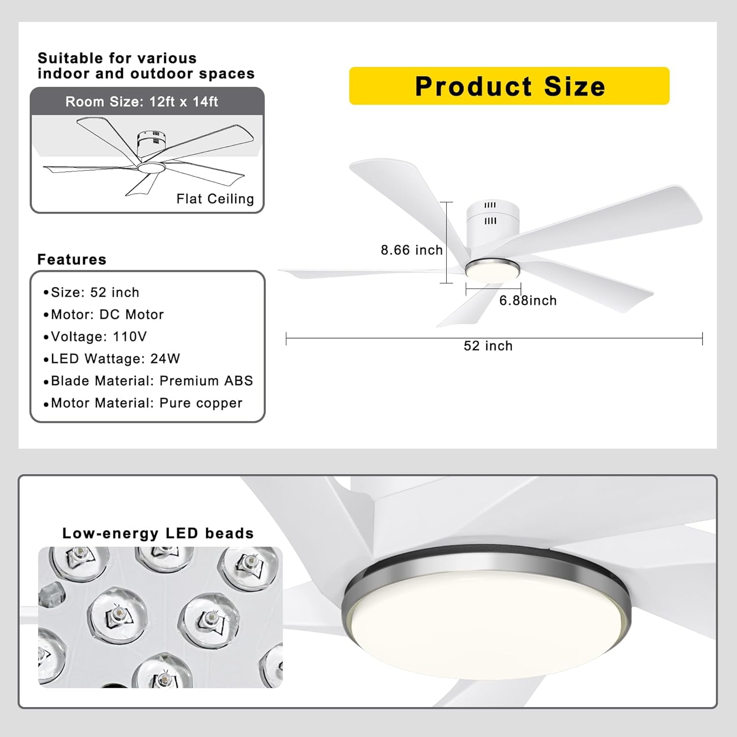 Ohniyou 52" Flush Mount Ceiling Fan with Lights and Remote Farmhouse Indoor Outdoor Ceiling Fans for Patio Living Room, White