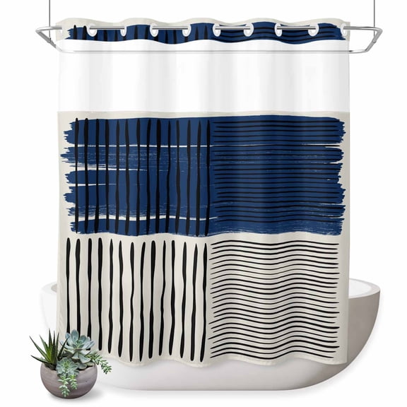No Hook Shower Curtain, Navy Blue Striped Shower Curtains for Bathroom with See Through Top Window, Farmhouse Stripes Modern Abstract Art Waterproof & Washable Bath Curtain 66"x72"