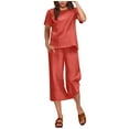 thumbnail image 3 of Jinhomg 2 Piece Summer Sets for Women Casual Solid Lounge Wear Loose Fit Comfy Short Sleeve and Wide Leg Capri Pants Lightweight Going Out Wear Red M, 3 of 5