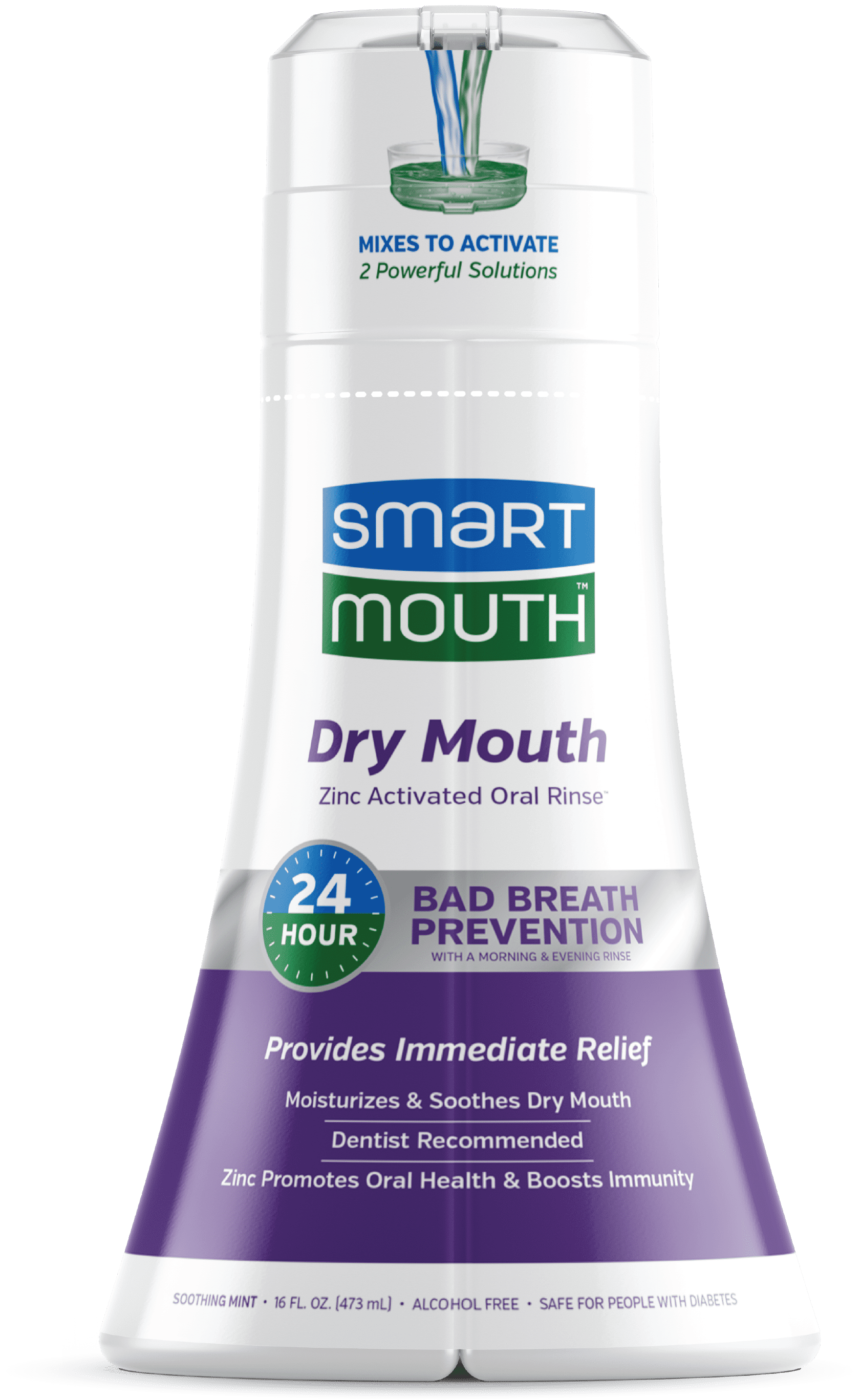 SmartMouth Zinc Activated Oral Breath Rinse Mouthwash Dry Mouth, Soothing Mint, 16 fl oz