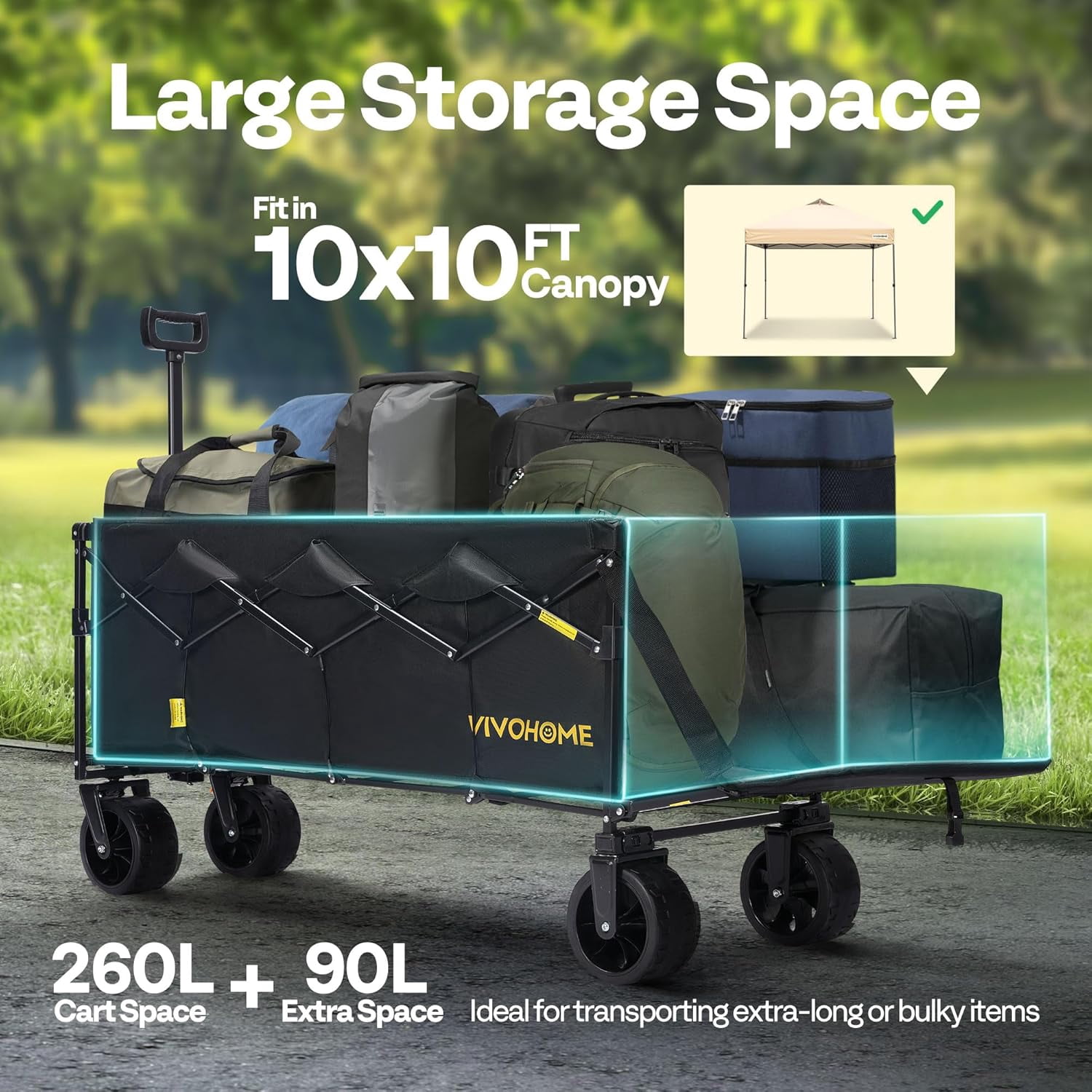 SPECSTAR 48''L Extended Collapsible Wagon Cart with 440lbs Weight Capacity, Heavy Duty 350L Folding Utility Garden Cart with Extended Tailgate and Big All-Terrain Beach Wheels