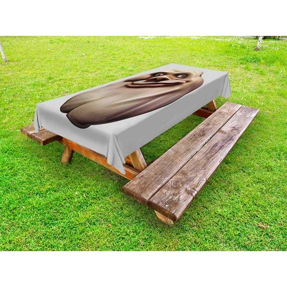 Humor Outdoor Tablecloth, Awkward Meme Face with Unusual Facial Gesture Ugly Mock Smug Forum Art Design, Decorative Washable Fabric Picnic Tablecloth, 58 X 120 Inches, Pearl and Tan, by Ambesonne