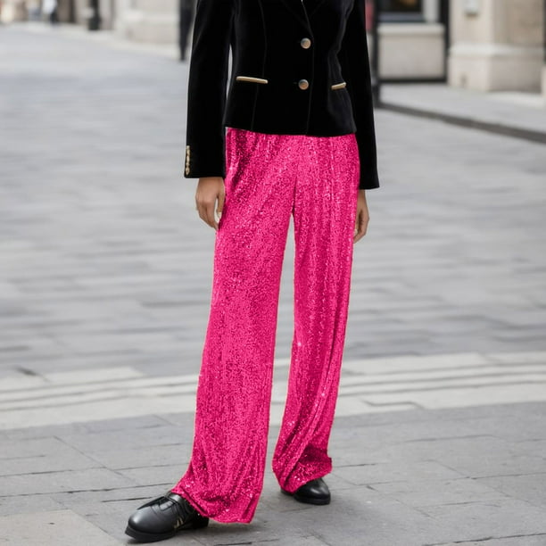 WILLBEST Pantalones Casuales para Mujer, de Pierna Ancha, con Lentejuelas, Cintura Alta, Sueltos, Brillantes, Dorados y Verdes. Chica