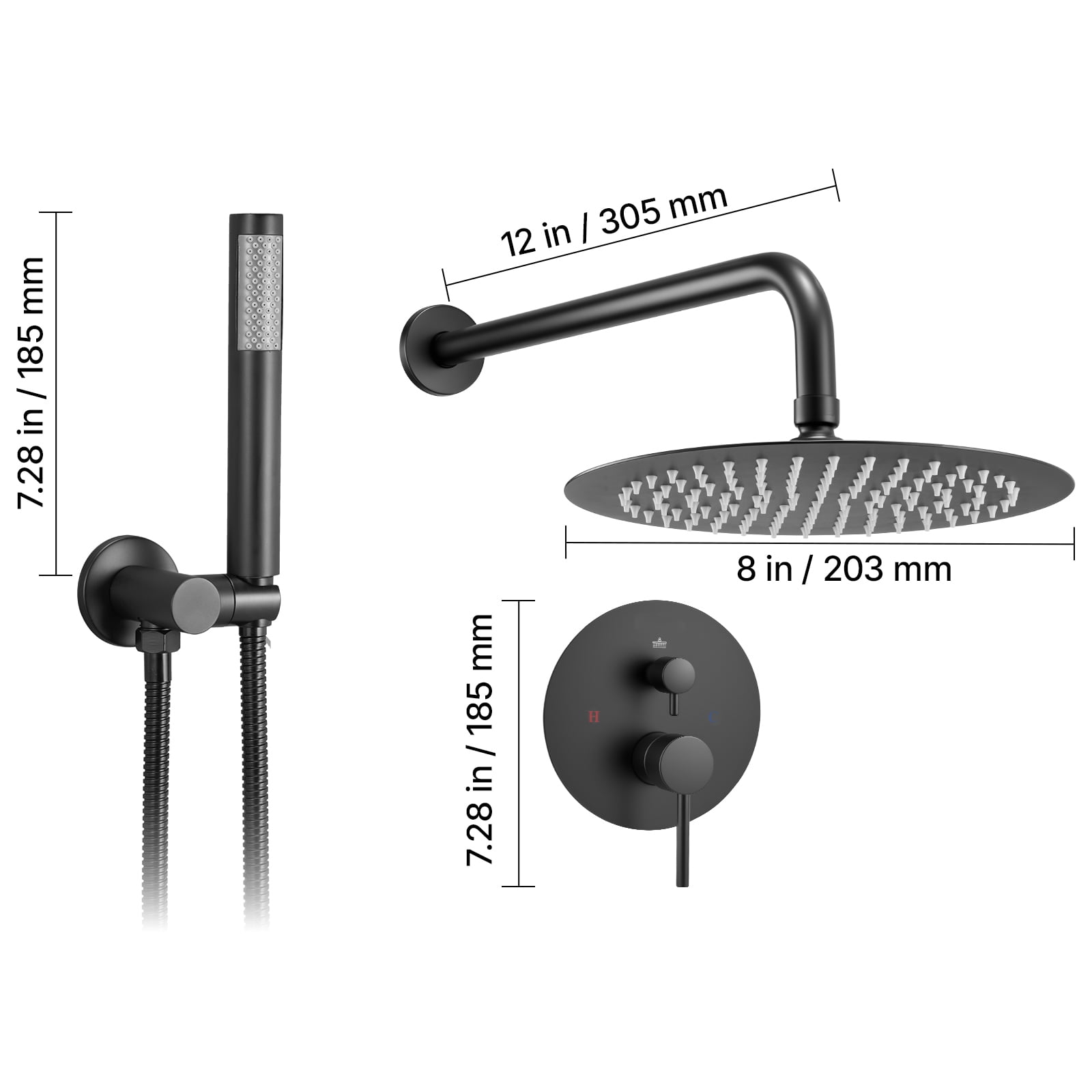 KFFKFF Shower Faucet Set, Wall-Mounted Bathroom System with 8-Inch Round Rain Shower Head and Handheld Spray, Includes Brass Valve and Trim Kit, Matte Black Finish