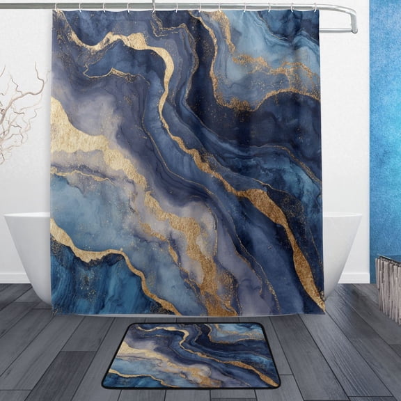 TTYFWHD 60" x 72" Shower Curtain and Bath Mat Set Blue-purple Marbling Waterproof Bathroom Curtain with 12 Hooks, Bathroom Decor Set