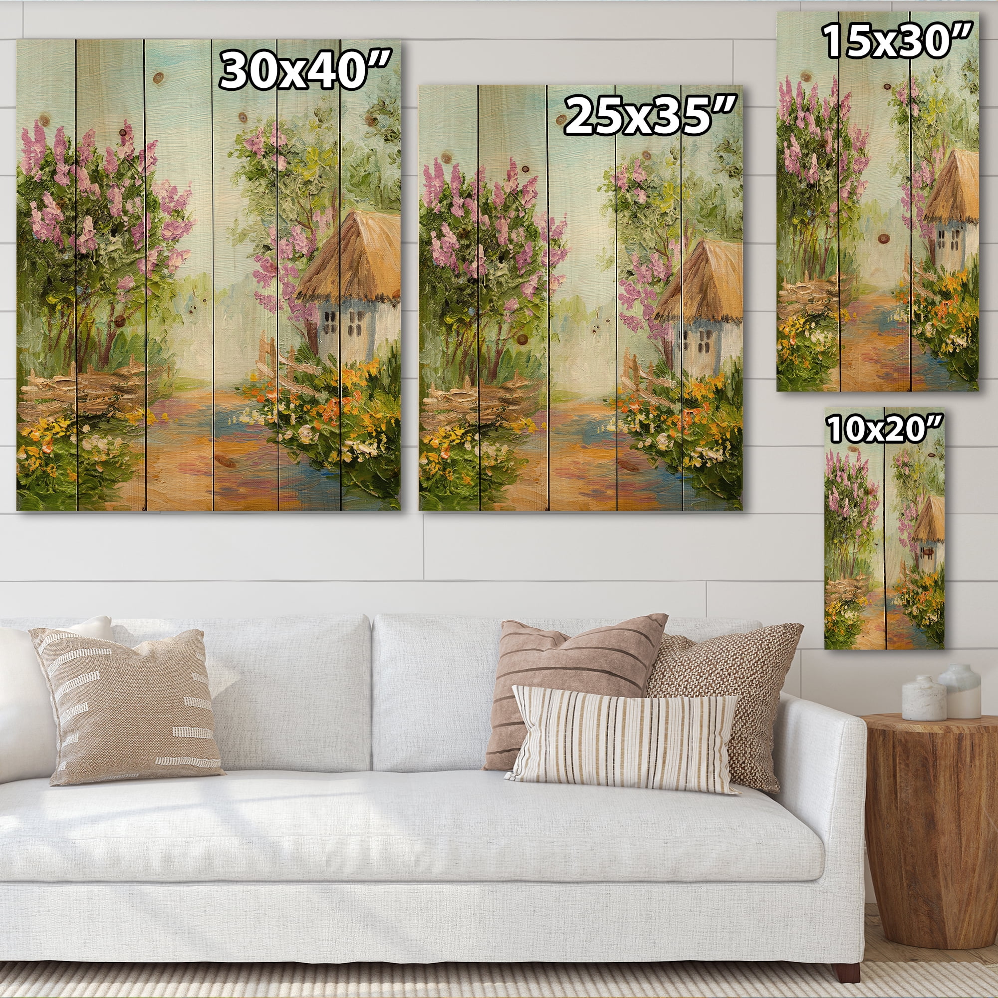 Designart 'Little House In The Blossoming Flowers Forest' Lake House Print on Natural Pine Wood