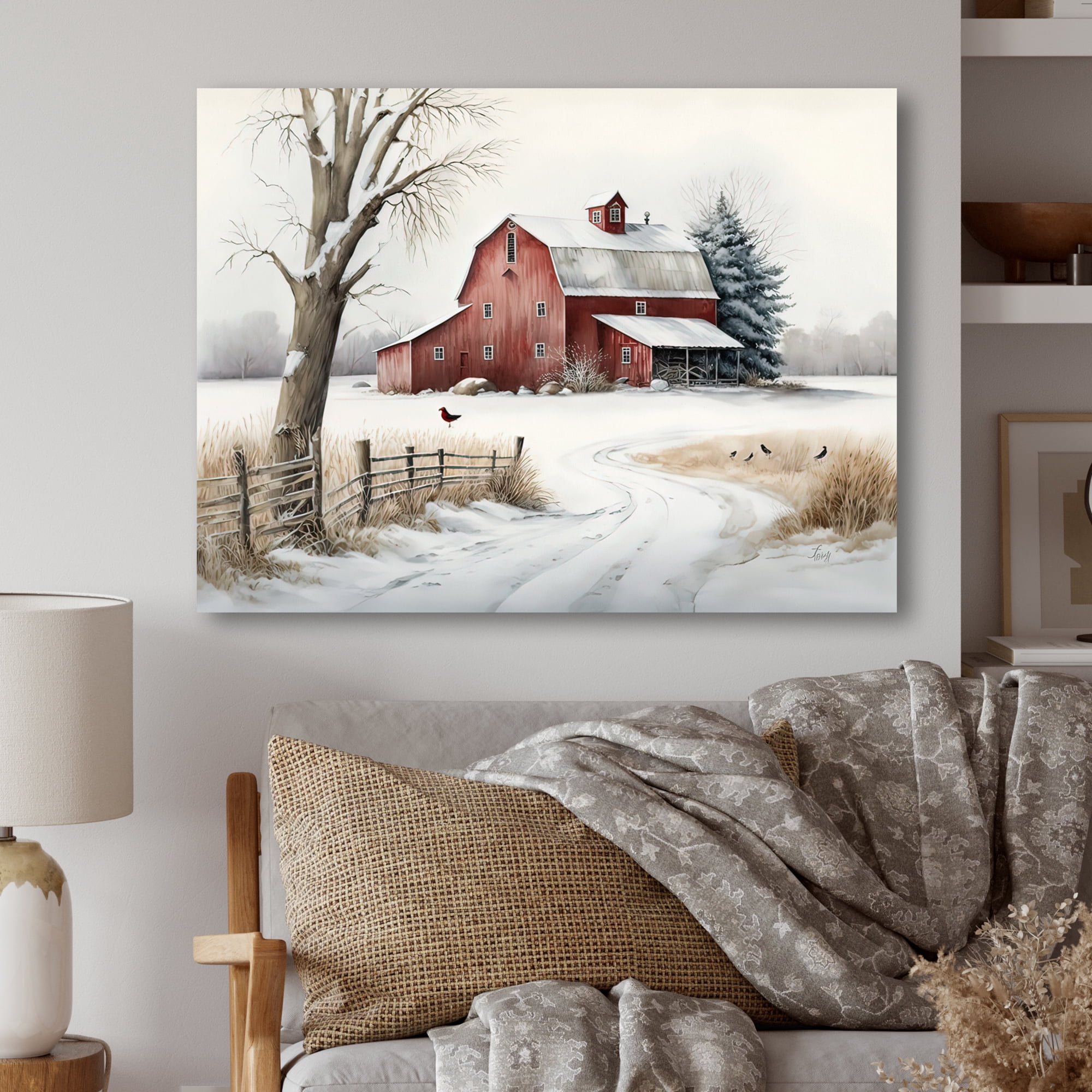 Designart Calm Red Barn In Winter III Canvas Wall Art