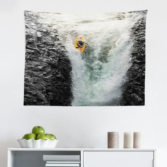 Waterfall Tapestry, Waterfall and Grand Cliffs in Northern America Force of Nature Art Print, Fabric Wall Hanging Decor for Bedroom Living Room Dorm, 2 Sizes, Green Blue White, by Ambesonne