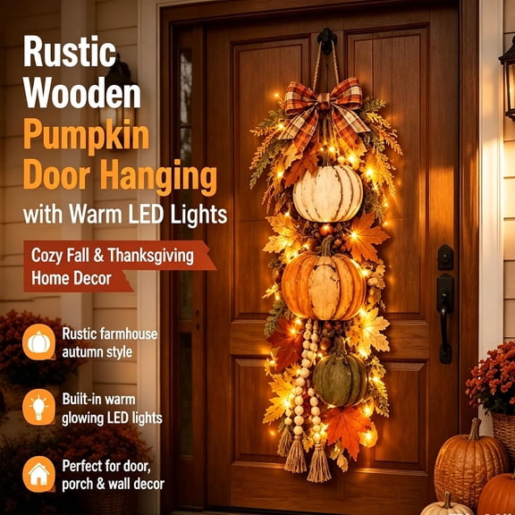 Rustic Wooden Pumpkin Door Hanging with Warm LED Lights, Rustic White Pumpkin Hanging Swag, Fall Decor Gift, Glowing Wreath, Farmhouse Porch Front Door Decoration Home(1pcs)