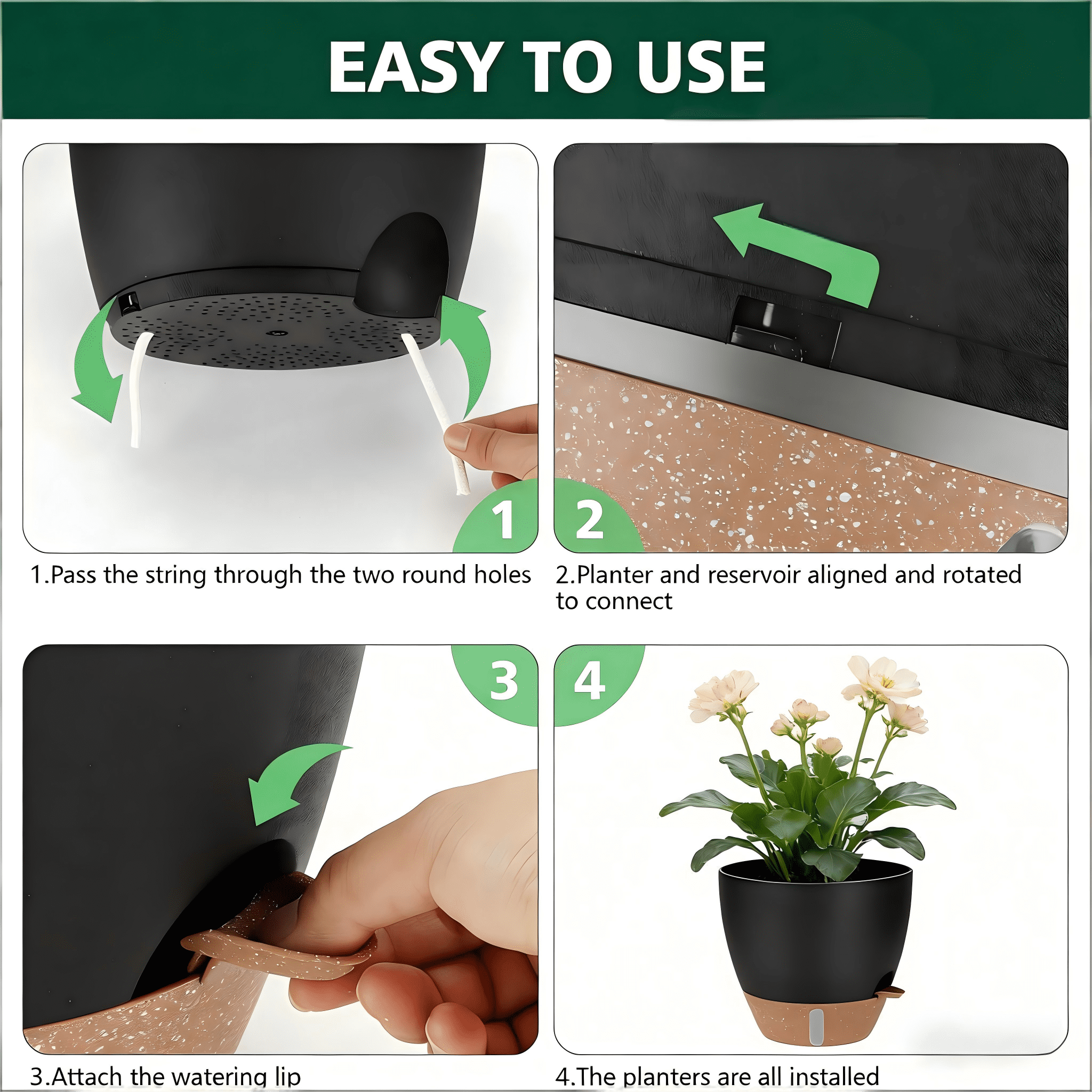 Lopxenu Self-Watering Plant Pots with Water Level Indicator, Set of 4 Flower Planters with Drainage Holes & Saucers, 12/10/9/8 Inch Large Plastic Planter Set for Indoor & Outdoor Plants ( Black)