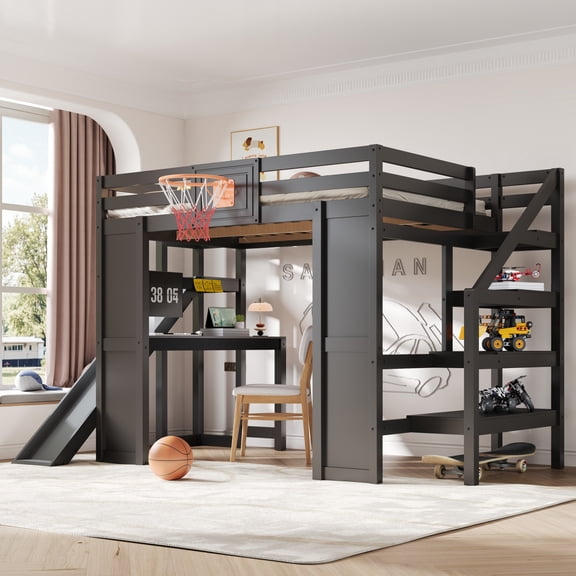 Harper & Bright Designs Full Size Loft Bed with Slide & Desk, Full Size Loft Bed Frame with Basketball Hoop, Storage Shelves & Stairs, All-in-One Wood Loft Bed for Boys Girls Bedroom, Black