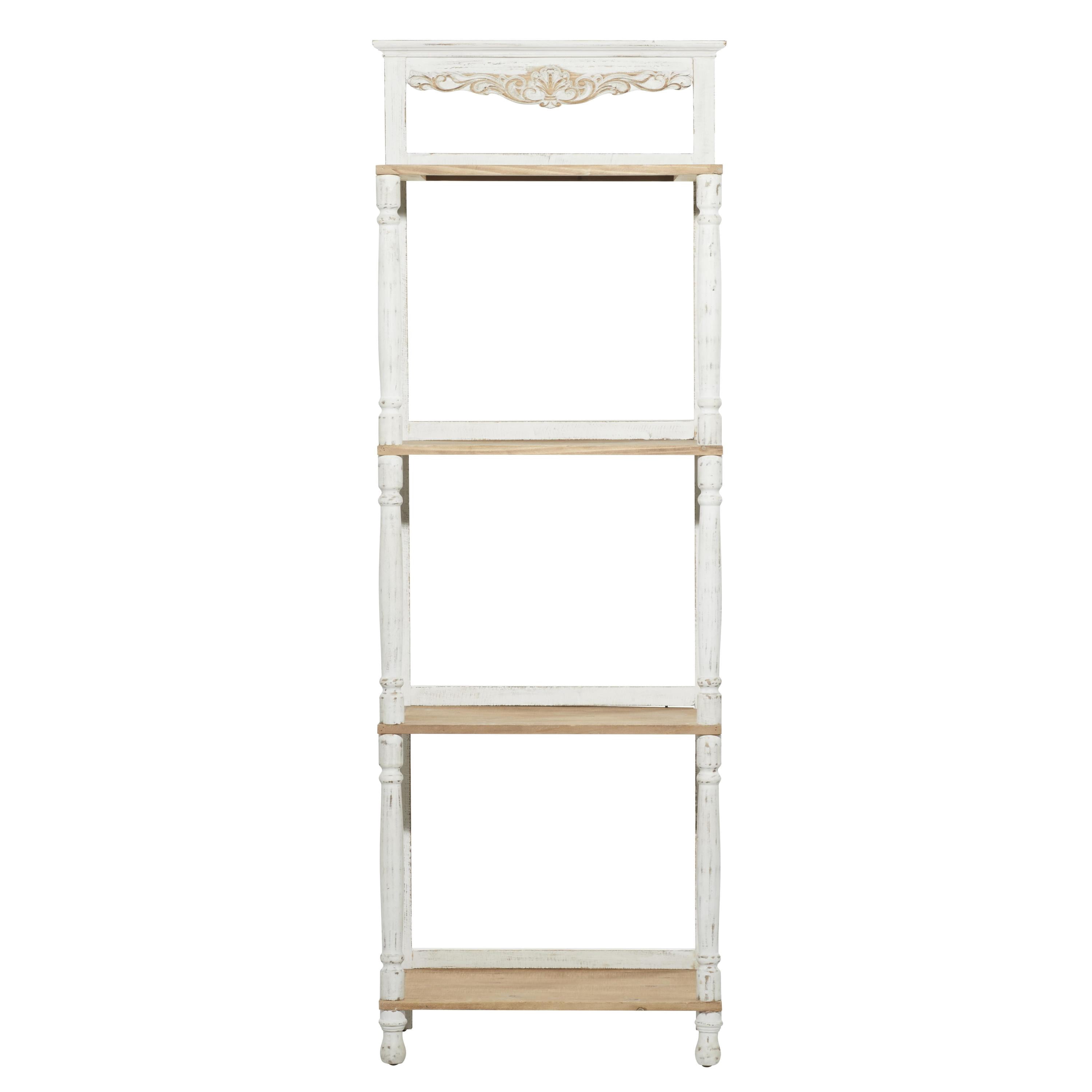 DecMode 25" x 71" White Wood Floral Intricately Carved 4-Tier Shelving Unit, 1-Piece