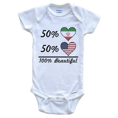 

50% Iranian 50% American 100% Beautiful Iran Flag Heart Baby Bodysuit 3-6 Months White