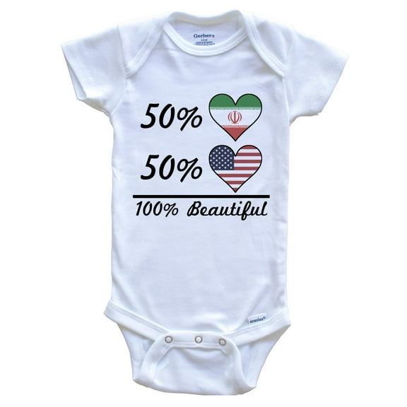50% Iranian 50% American 100% Beautiful Iran Flag Heart Baby Bodysuit, 0-3 Months White