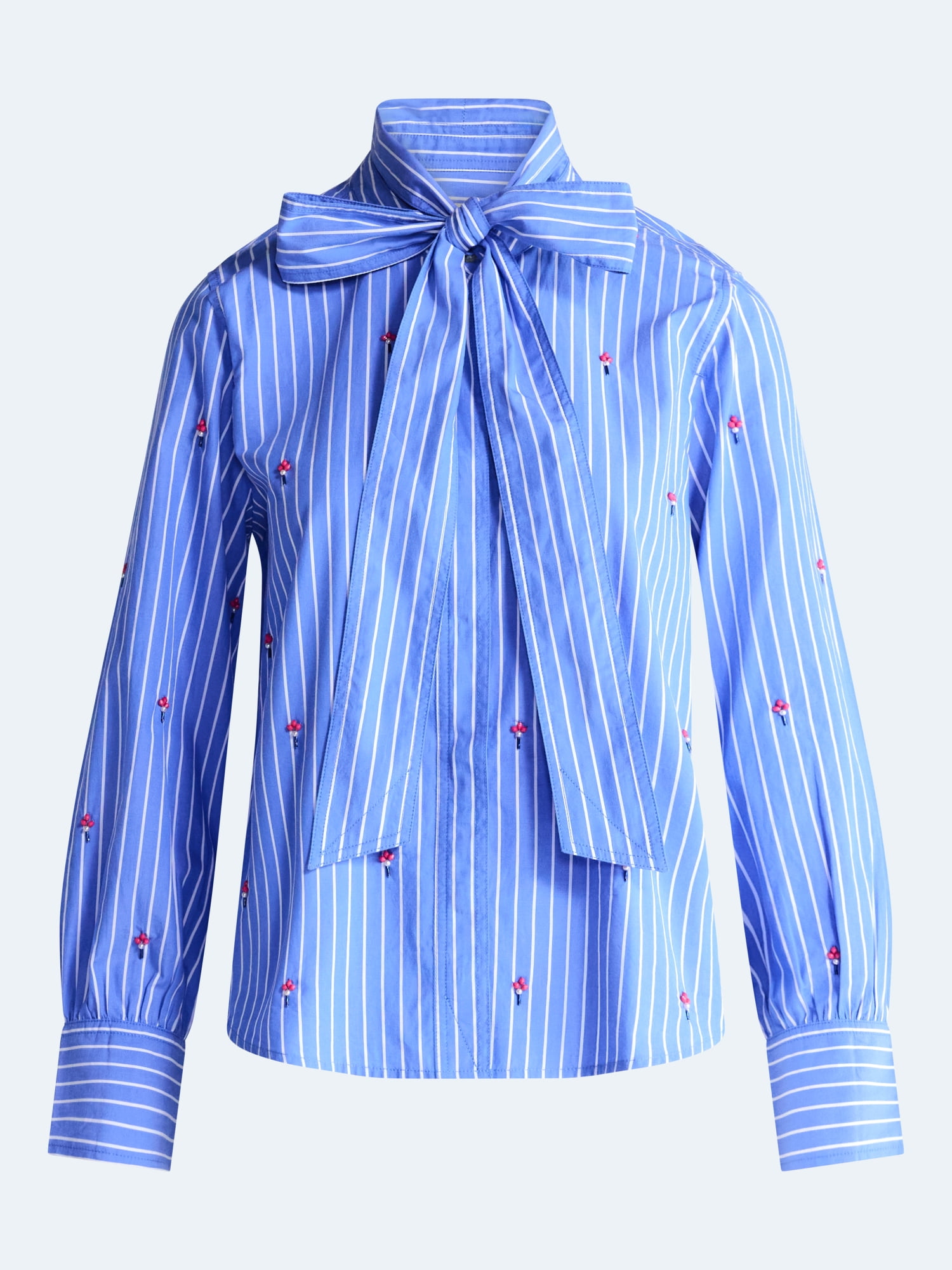 Free Assembly Women's and Women's Plus Beaded Tie Neck Cotton Shirt with Long Sleeves, Sizes XS-4X