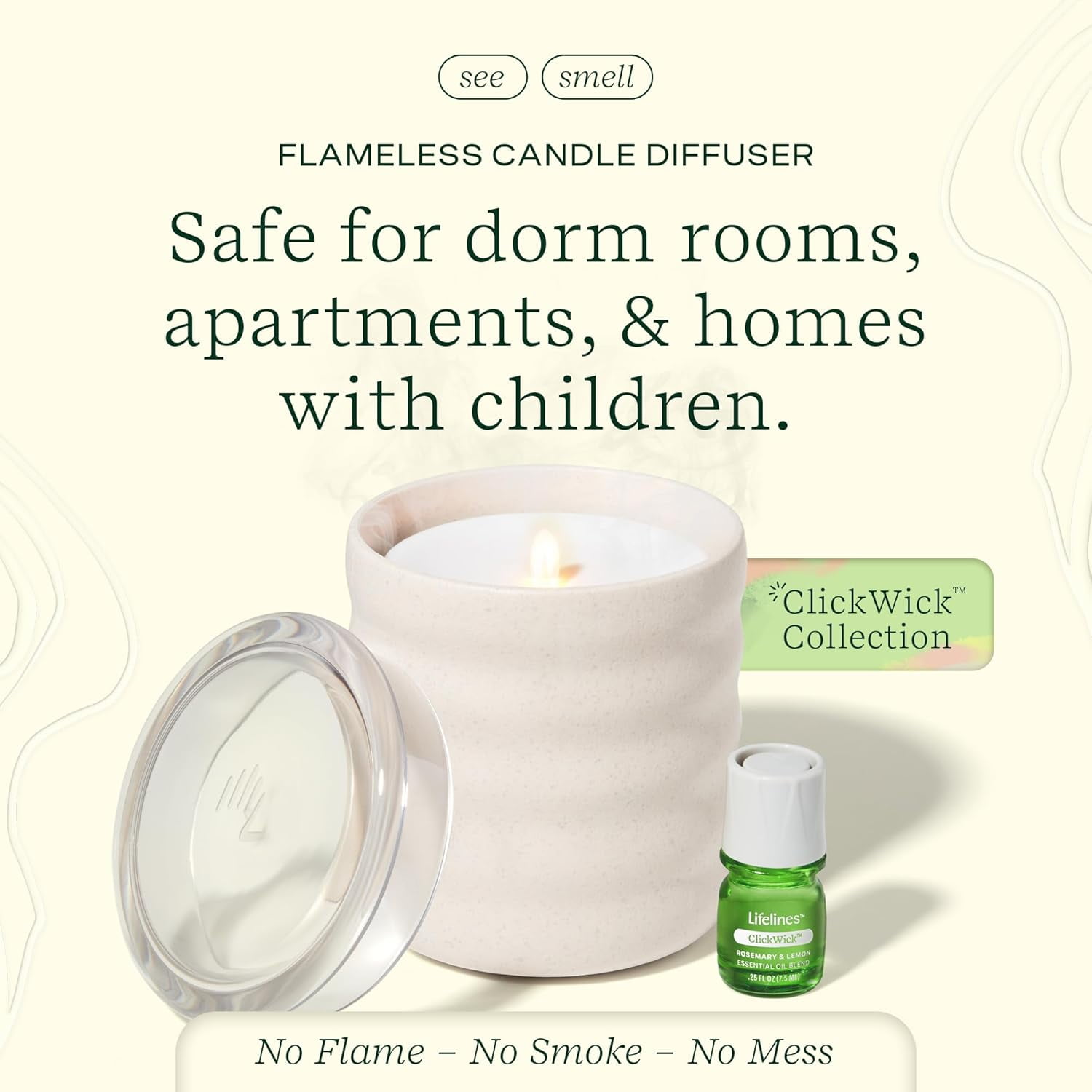 Lifelines Flameless Candle Diffuser with ClickWick Essential Oil Blend, Rechargeable & Waterless Aromatherapy Diffuser for Home and Office, Ribbed Pink Jar