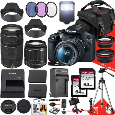Canon EOS Rebel T7 / 2000D DSLR Camera With Canon EF-S 18-55mm f/3.5-5.6 IS II And EF 75-300mm f/4-5.6 III Lens + 128 GB Memory + Extra Battery + Tripod + More (33pc Bundle)