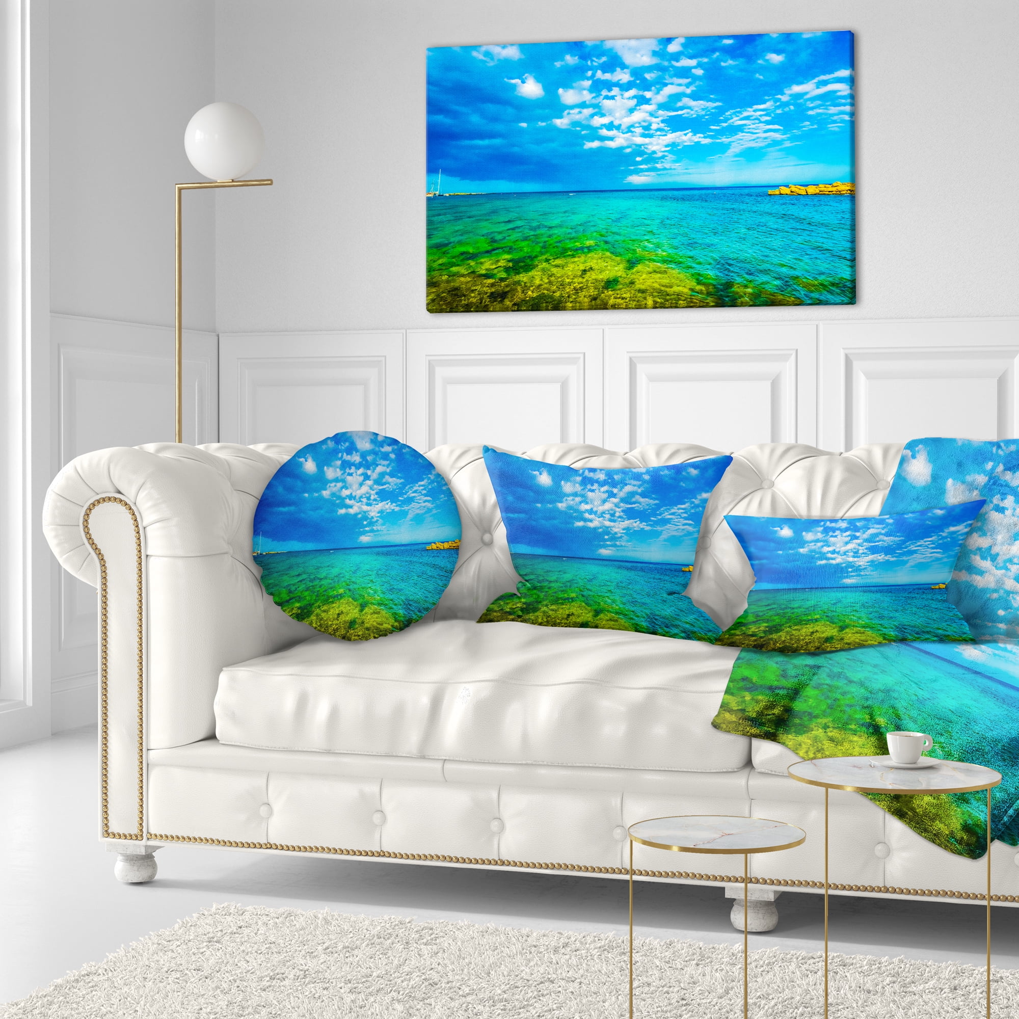 Designart Picturesque Green Blue Seashore - Modern Seascape Throw Pillow - 12x20