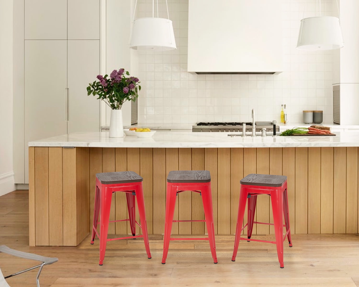 YRLLENSDAN Modern Bar Stool Set of 4 Counter Height Barstool with Back 24 Inches Seat Height Industrial Bar Chairs Indoor Outdoor Metal Kitchen Stools Restaurant Patio Stool Stackable, Red