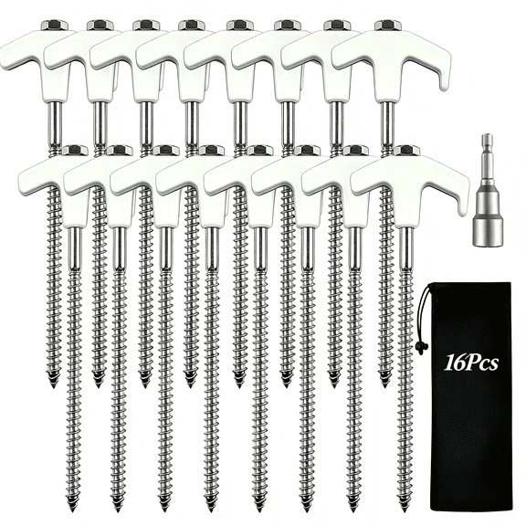 Efoee 16 Pcs 8" Tent Stakes,Heavy Duty Metal Threaded Tent Pegs Ground Stakes Glow in The Dark for Gardens, Canopies,Grassland,(Hex Tool and Storage bag)