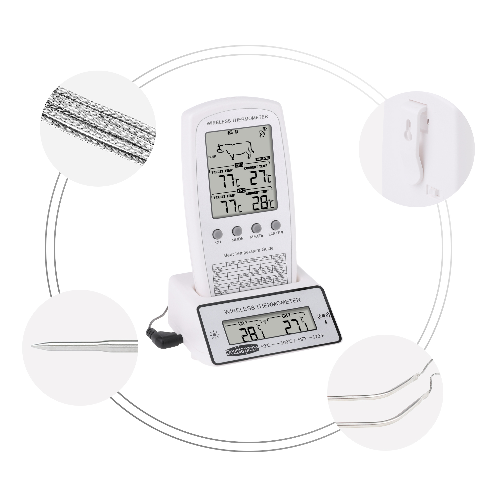 Unique Bargains Digital Meat Thermometer with 2 Temperature Probes White/Silver