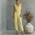 thumbnail image 2 of Women's Summer 2 Piece Outfits Sleeveless V Neck Belted Crop Tops Wide Leg Pant Sets Casual Tracksuit Yellow, 2 of 7