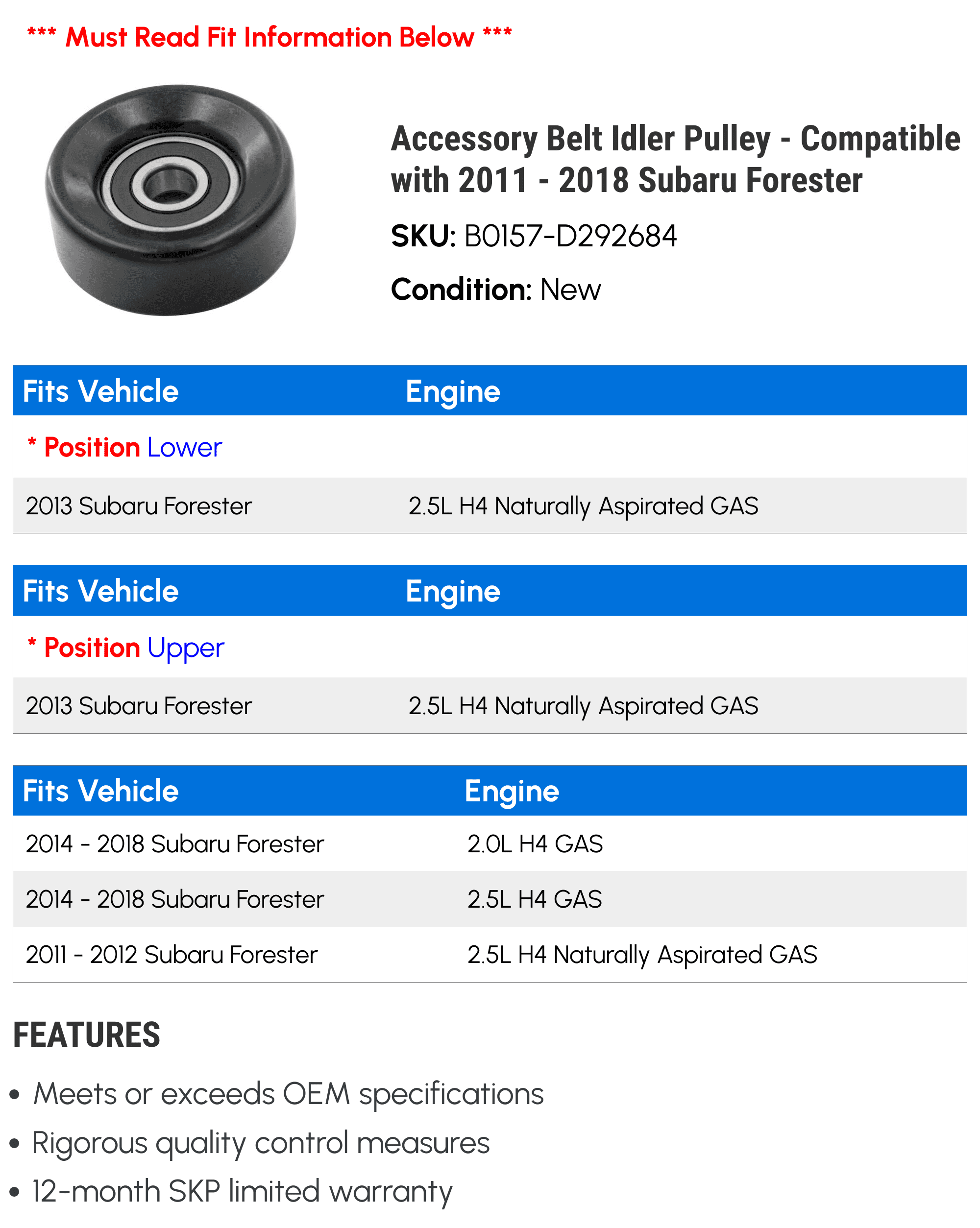 Accessory Belt Idler Pulley - Compatible with 2011 - 2018 Subaru Forester 2012 2013 2014 2015 2016 2017