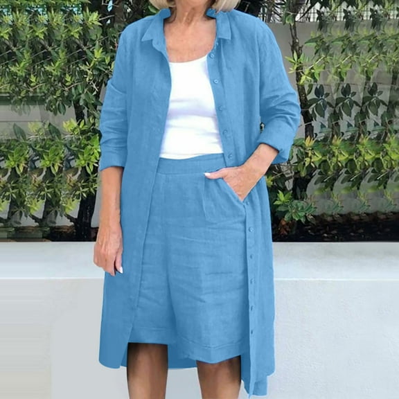 Teissuly Women's Solid Turndown Collar Long Sleeve Long Shirt Blouse   Shorts Pants Set