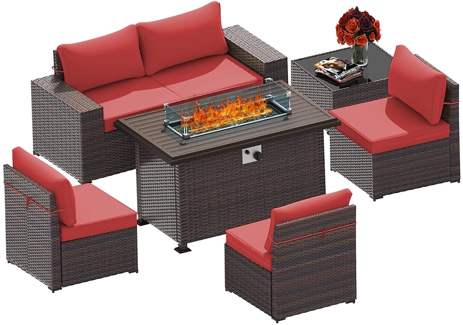 Gotland 7 Piece Outdoor Patio Furniture Set with 43“ Gas Fire Pit Table