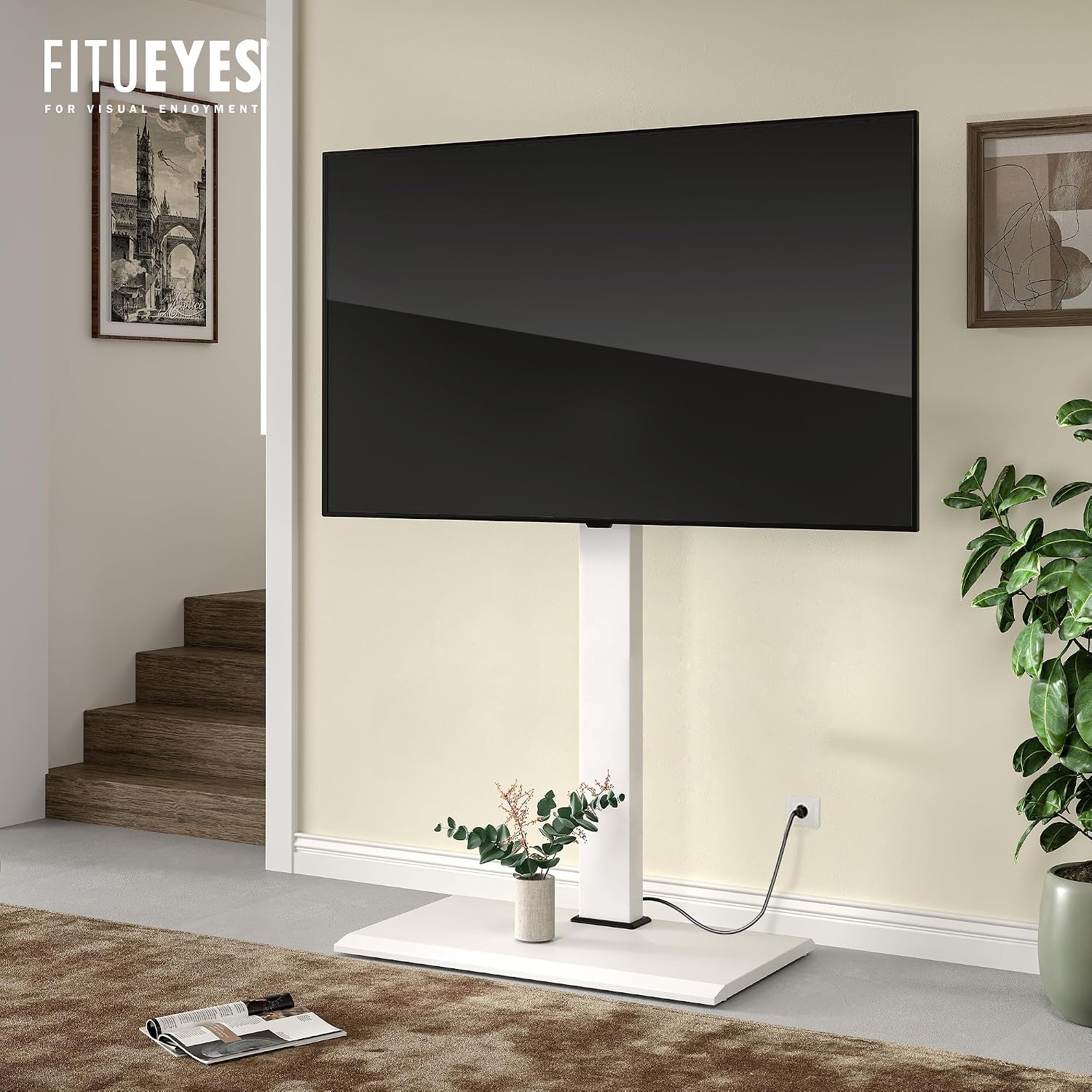 FITUEYES Floor TV Stand for 50–85 Inch TVs, White, Power Outlet, Swivel Mount, Iron Base