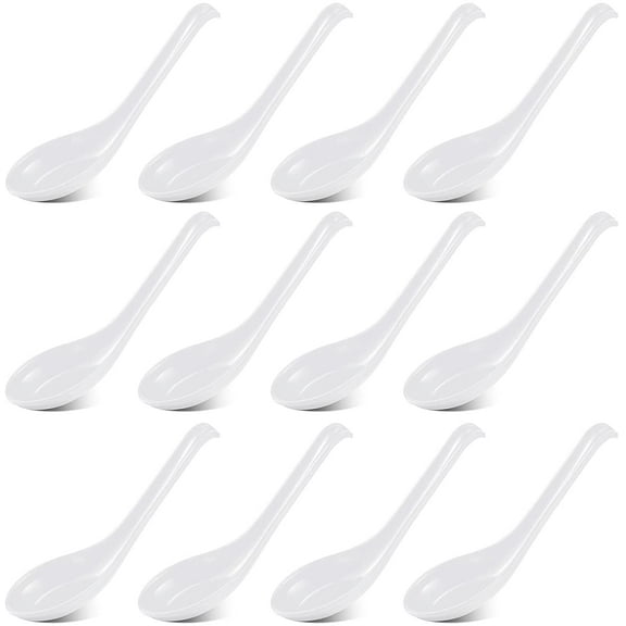 TACYKIBD 12 Pieces Asian Soup Spoons Melamine Rice Spoons Noodle Soup Spoons Chinese Won Ton Soup Spoon Japanese Soup Spoon for Home and Kitchen (White)