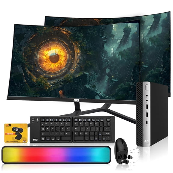 Restored HP EliteDesk G5 Tiny Mini PC,Intel i5,16GB RAM,256GB SSD+500GB HDD,Dual 27" Curved Monitor,Foldable Wireless Keyboard/Mouse with Built-in Earbuds,RGB Soundbar,Webcam,USB WiFi & BT,Windows 11