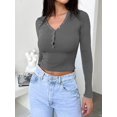 thumbnail image 6 of Womens Long Sleeve Shirts Fall Clothes Henley Tops Business Casual Ribbed Blouses Fashion Trendy Outfits Dark Gray XL, 6 of 8