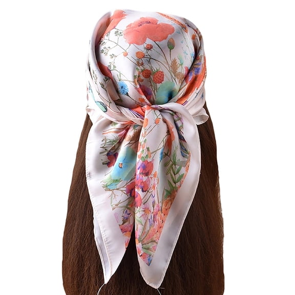 Chiffon Square Scarf for Women Floral Print Neckerchief Lightweight Headscarf Hair or Bag Accessories White Free Size