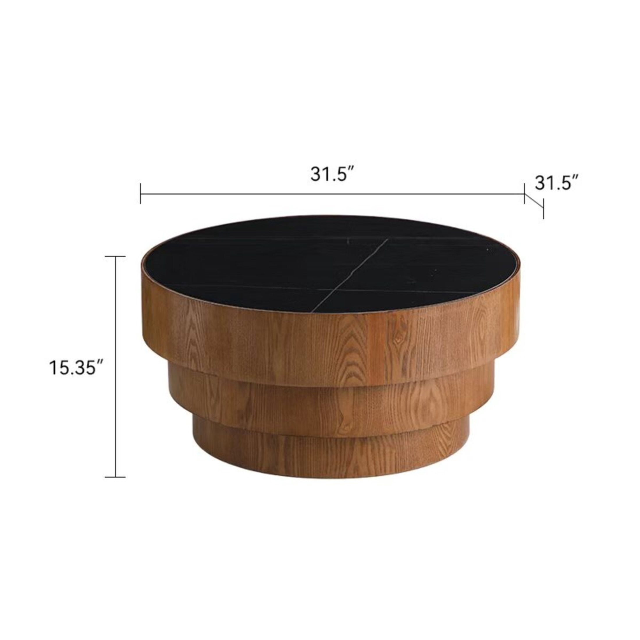 Noble House Carlen 31.5" Round Sintered Stone Coffee Table with Tiered Wood Veneer Base for Living Room, Black & Walnut