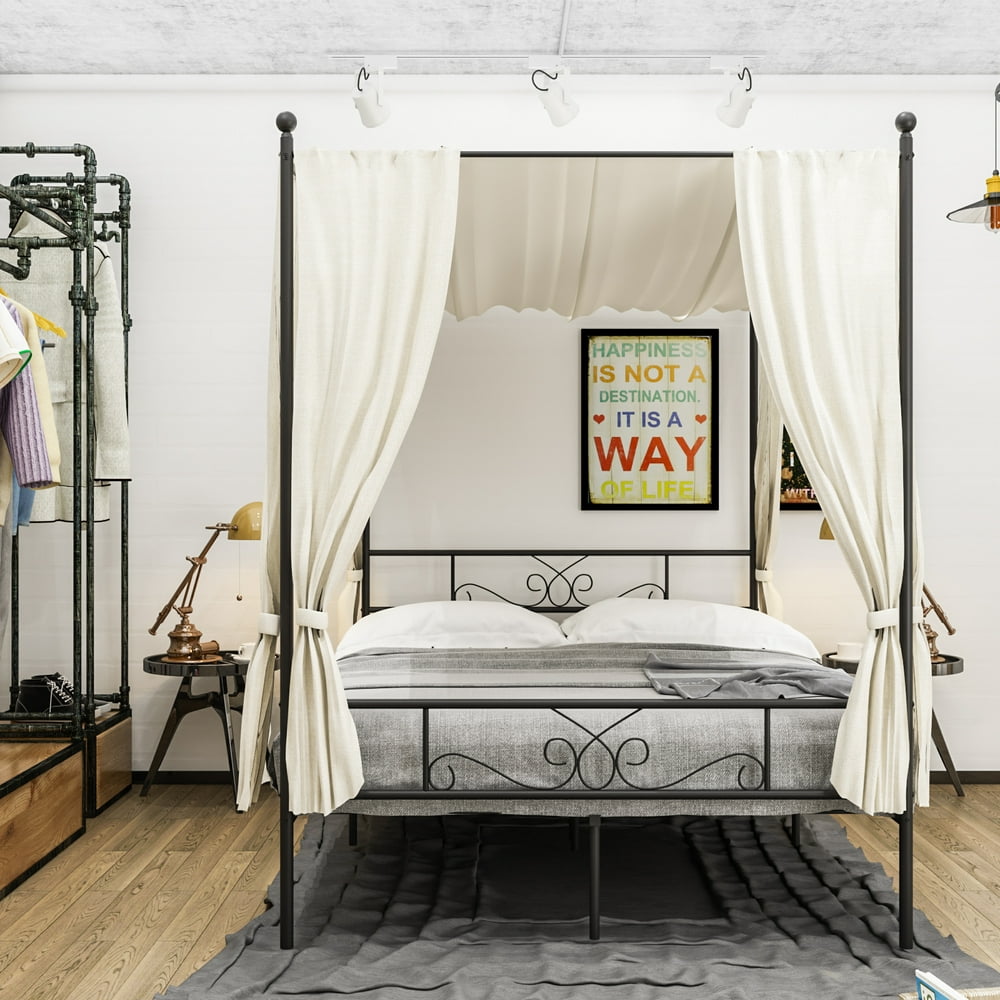 Teraves Metal Canopy Bed,Fourpost Canopy Bed Frame Platform ,Full ,Black