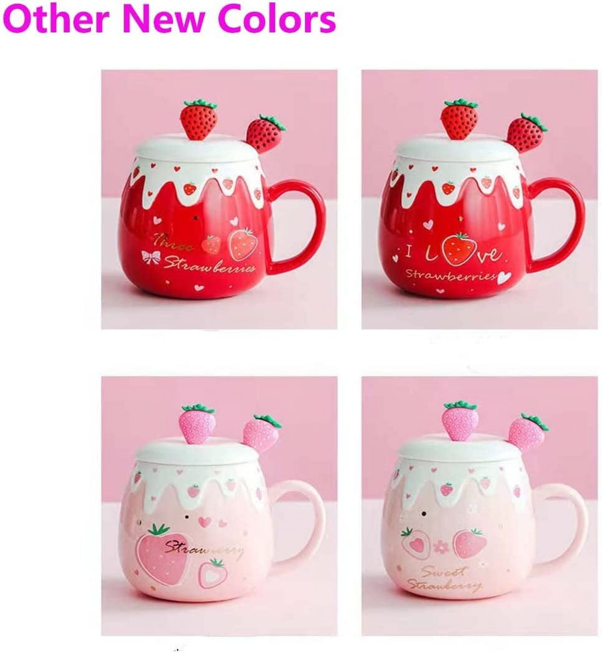 Korean-Style Cute Pink Strawberry Mug with Spoon Lid Large Capacity Ceramic  Bottle Artistic Hipster Pretty Cups for Women