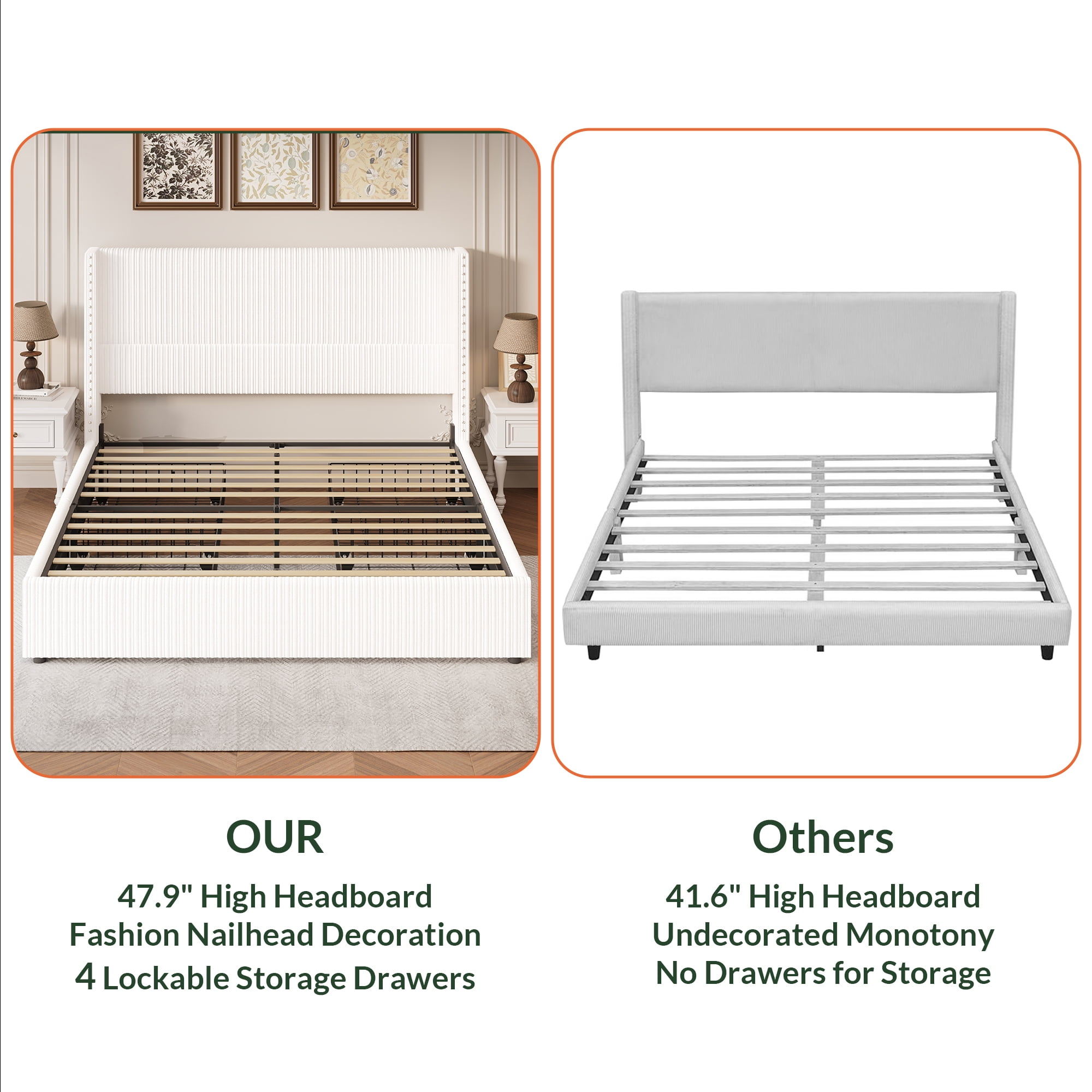 Larmace Upholstered Corduroy Bed Frame King Size with 4 Storage Drawers,Platform Bed Frame with Vertical Stripe Wingback Headboard,Beige