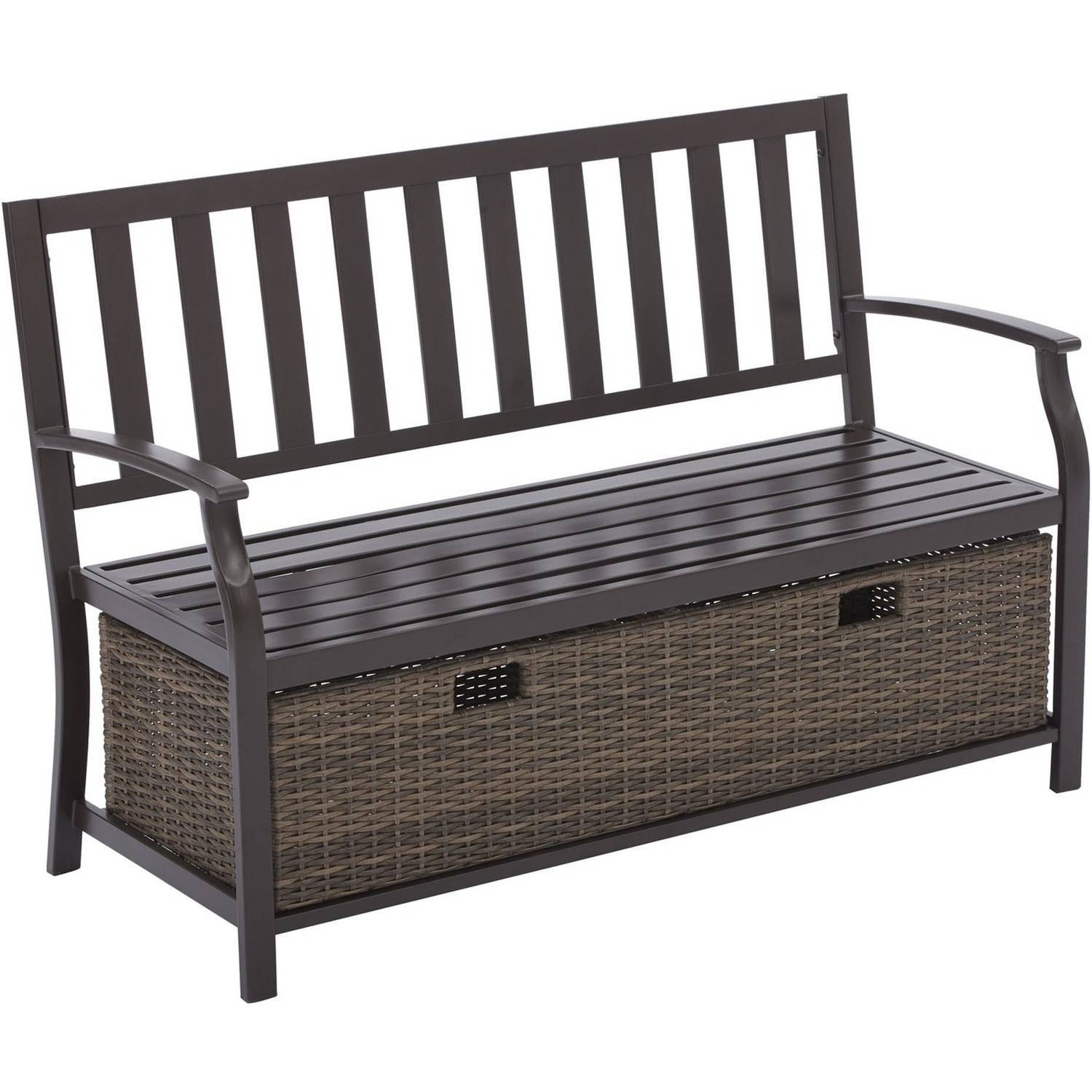 Better Homes & Gardens Camrose Farmhouse Steel Outdoor Bench with Wicker Storage Box, Bronze/Brown - image 2 of 11