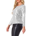 thumbnail image 4 of INSPIRAR CHIC Blusa de fiesta de mujer con lentejuelas y brillo, cuello redondo, manga larga, color plata, 4 of 5