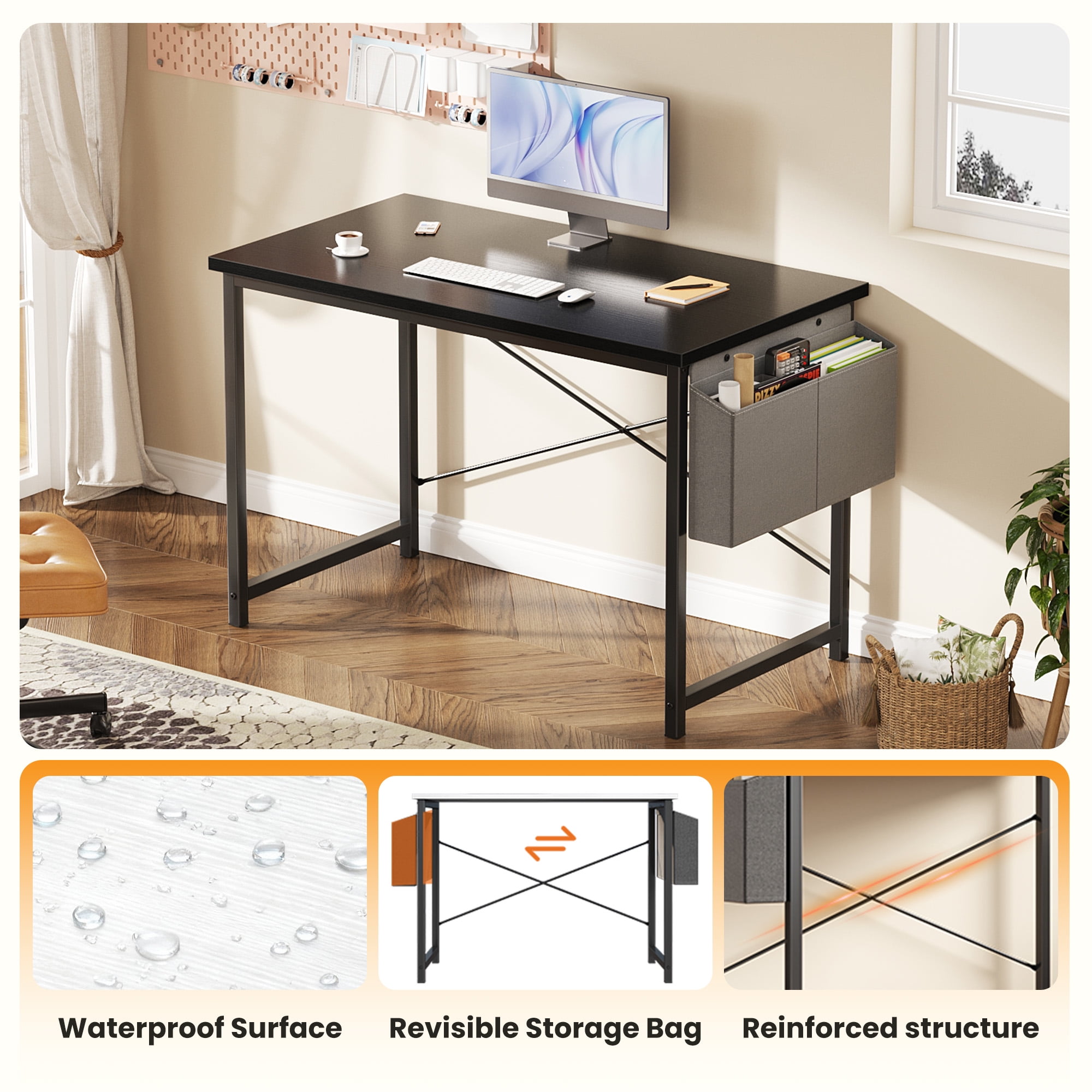 CONCETTA 44 Inch Computer Writing Desk with Storage Bag, Steel Frame for Home Office Study, Black