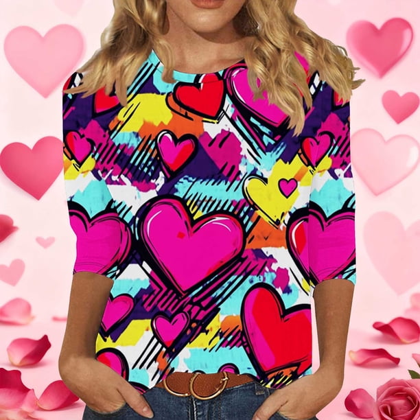 RKSTN Valentines 3/4 Sleeve Tops for Women Oversized Crewneck Valentine's Day Graphic Printed Short Sleeve T Shirt Womens Casual Round Neck Loose Comfy Loves Heart Print Three Quarter Sleeve Shirts