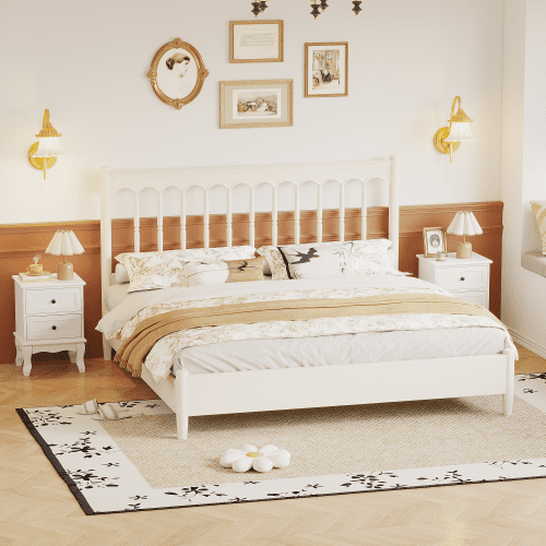 Modern Nightstand with 2 Drawers, French Country Bedside Table with Elegant Carved Legs, Small End Table for Bedroom, Living Room, Guest Room, White (1 PC)