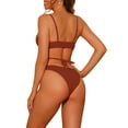 thumbnail image 3 of Women's 2 Piece Sporty Ribbed Bikini Sets, Lace-up Adjustable Spaghetti Straps Swimwear Bathing Suits X-Small Brown, 3 of 5