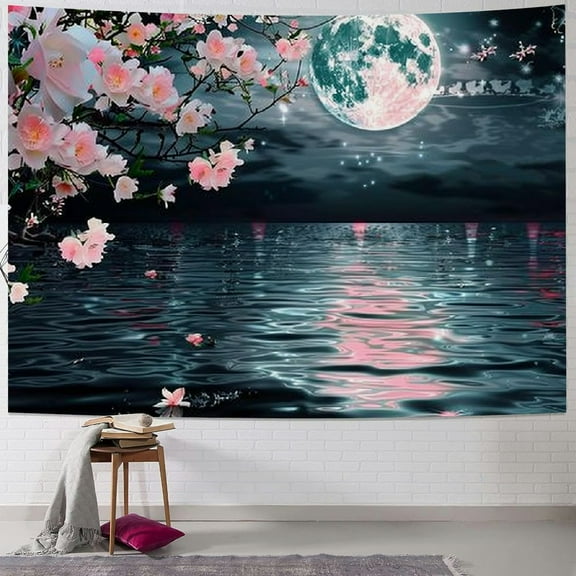 Fenyluxe Ocean Tapestry Moon Tapestry Wall Hanging Pink Cherry Blossom Japanese Anime Scenery Tapestry for Bedroom Living Room Decor Artistic 40x30inch