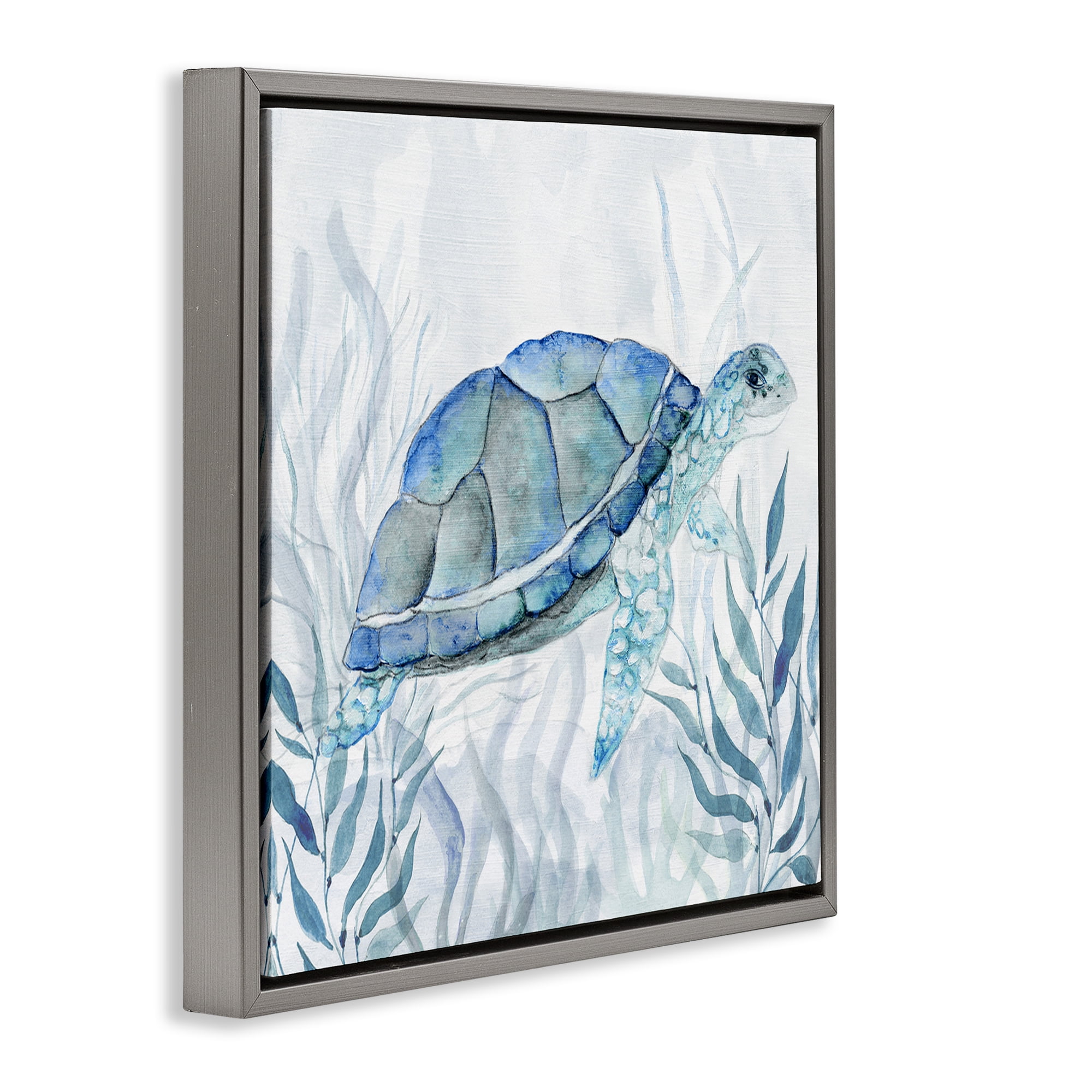 Stupell Industries Smiling Turtle Gaze Gray Framed Floater Canvas Wall Art, design by Janet Tava