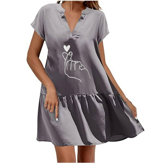 Robes d'Été en Lin pour Femmes à Manches Courtes, Décontractées, Amples, Robe Courte à Col en V, Imprimé Tendance, Robe T-Shirt Fluide