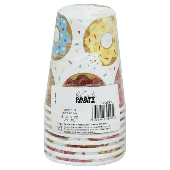 Creative Converting Donut Time Cups Multi-color Paper Party Supply Sets, (8 Pieces) 9 Ounces