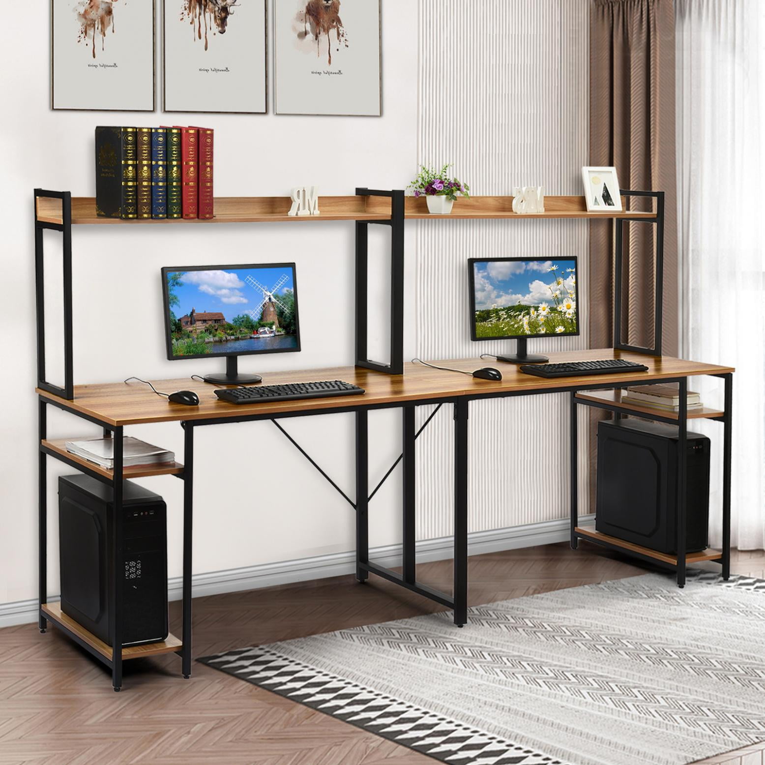 Extra Long Two Person Computer Desk with Hutch and Storage Shelves Brown Wood Grain
