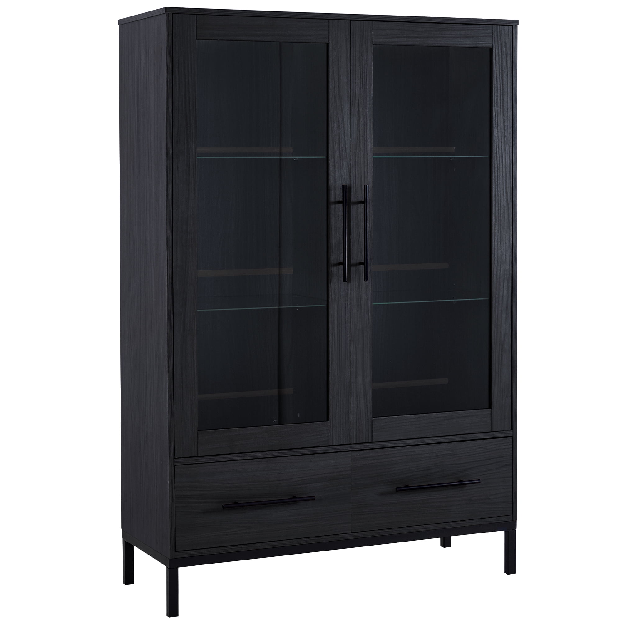 Euroco Modern LED Lighted Display Cabinet with Glass Shelves and Drawers,Storage Curio Cabinet with Adjustable Shelves and Metal Legs, Showcase